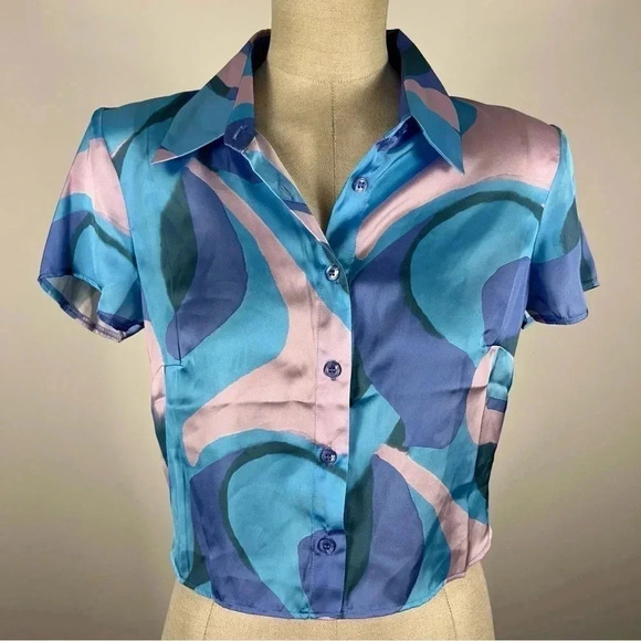 ♥️ ASOS  DESIGN capped sleeve shirt in lilac and blue marble 4 - Picture 2 of 8